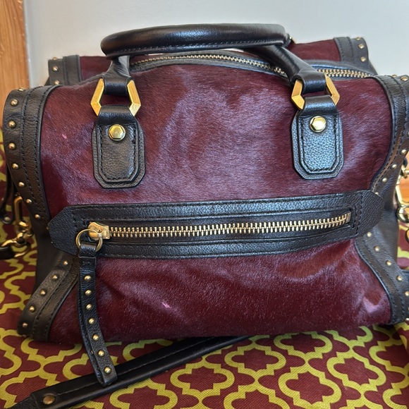 NWT orYANY Brenda Burgundy CalfHair Leather Studded Speedy Satchel Shoulder Bag - Picture 5 of 13